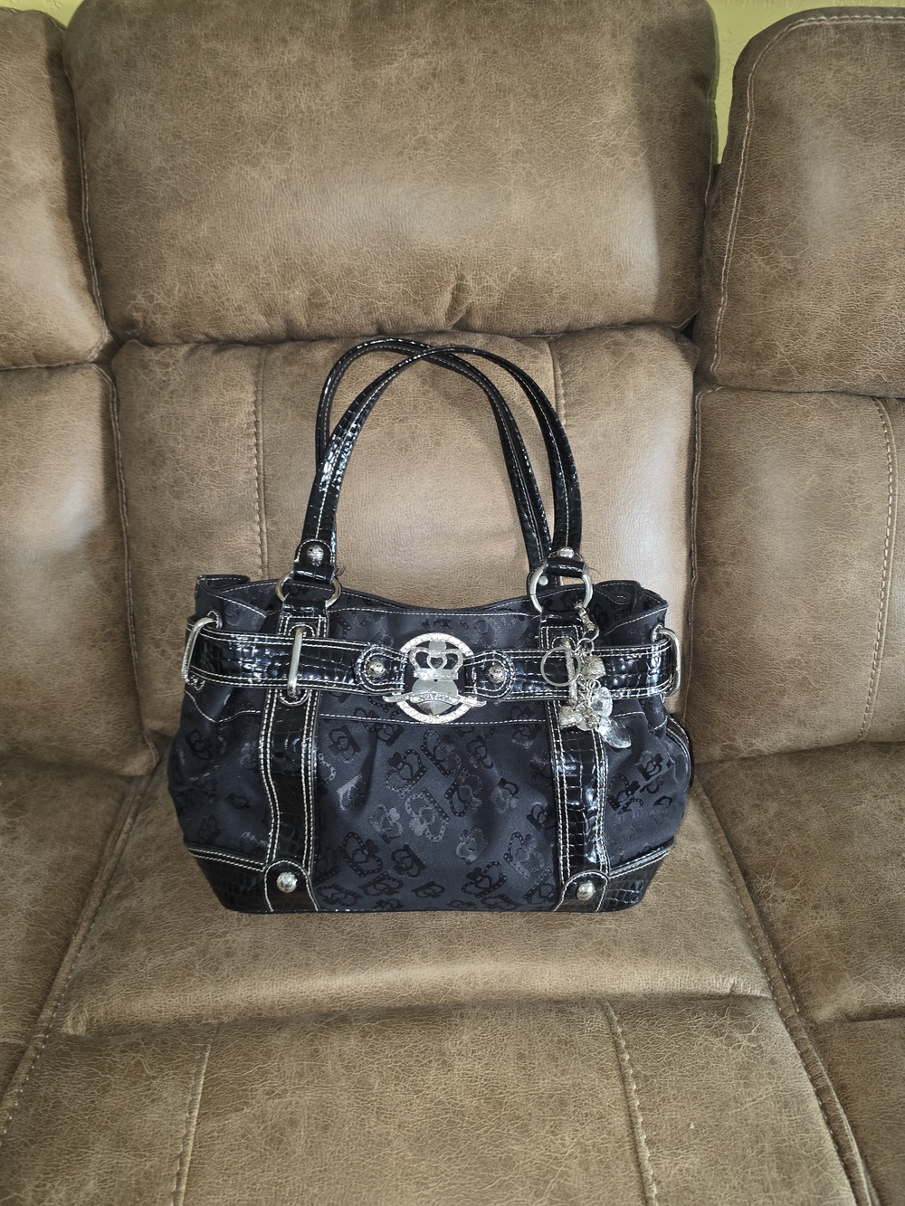 KVZ Black Signature Belted Tote Handbag with Silver Hardware